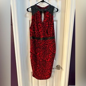 Red Leopard print dress with Faux leather accents.